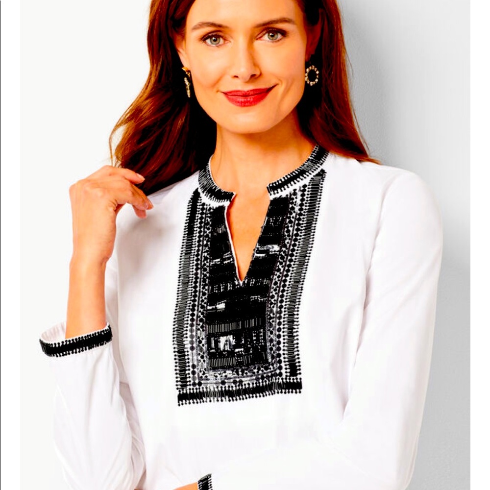 Talbots RSVP Black & White Beaded Poplin Tunic